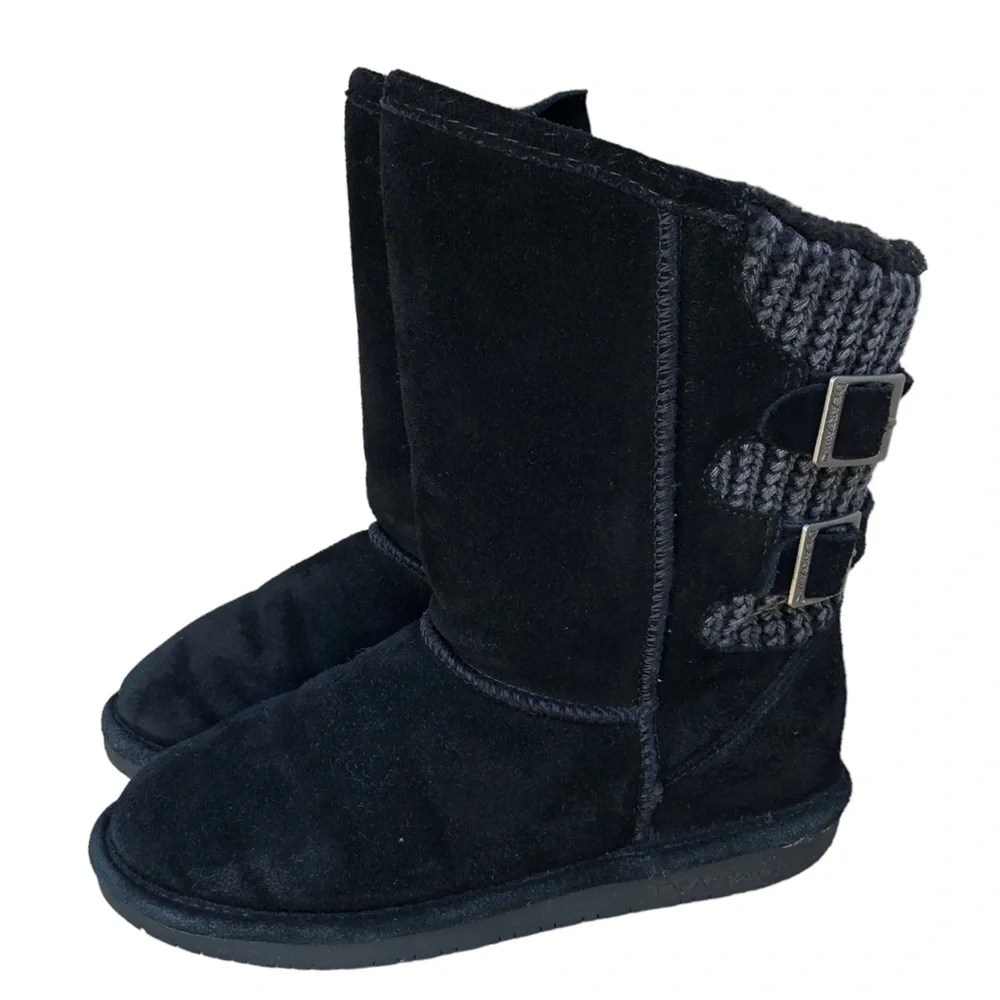Bear Paw Women's Suede Knit Sheepskin Mid Calf Boots Boshie Size 4 Youth Black.
